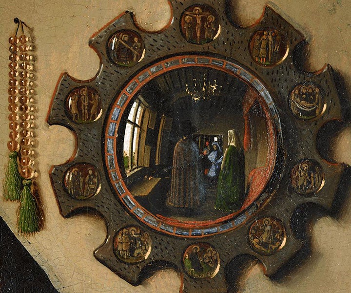 Detail of the central mirror in the Arnolfini Wedding, by Jan van Eyck, oil on panel, 1434 (Wikimedia commons)