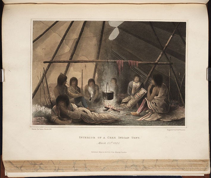 “Interior of a Cree Indian Tent, March 25th, 1820,” hand-colored engraving after a watercolor by Robert Hood, Narrative of a Journey to the Shores of the Polar Sea, in the Years 1819, 20, 21, and 22, by John Franklin, p. 169, 1823 (The Linda Hall)