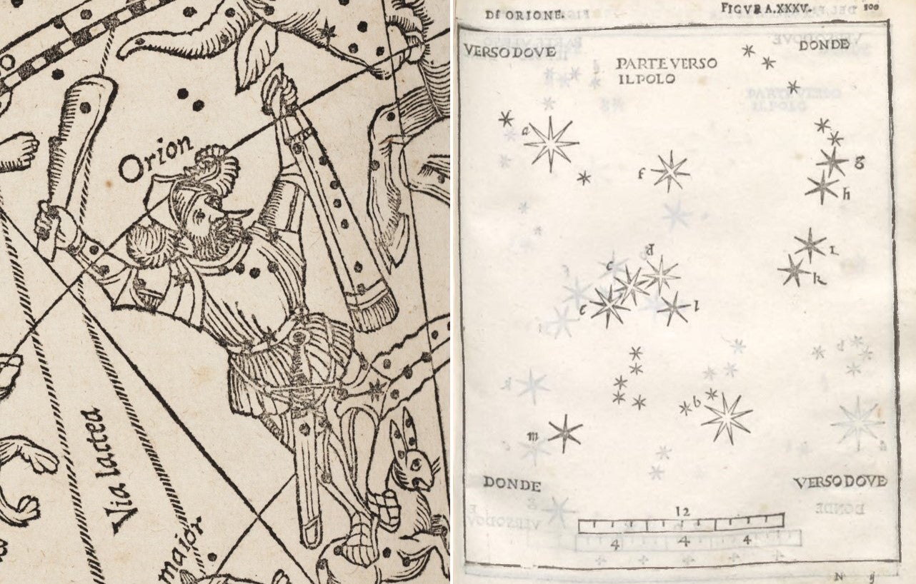 Images of Orion from Honter, Johannes. "Imagines Constellationum Borealium [-Australium]." Omnia, quae extant, opera. Basel: apud Henricum Petrum, 1541, pl. 2. and Piccolomini, Alessandro. De le stelle fisse. Venice: al segno del Pozzo, 1540, p. 100.