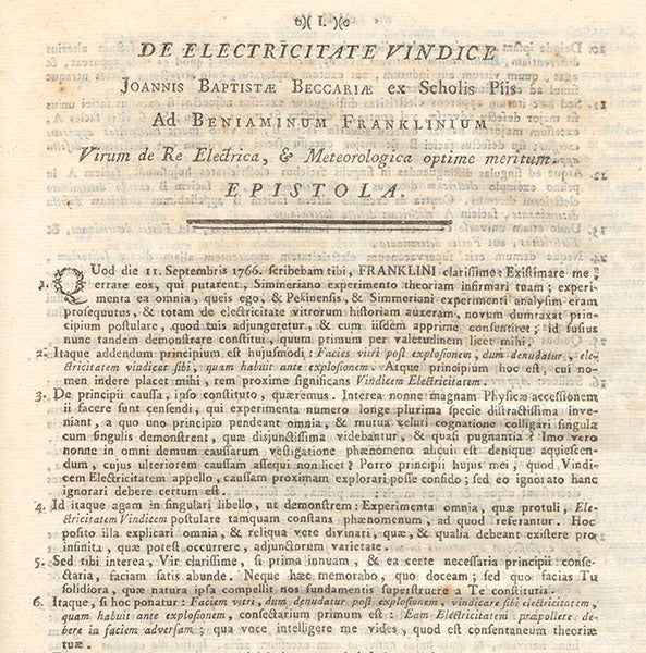 Letter to Benjamin Franklin from G.B. Beccaria, “De electricitate vindice”, 1767, bound into our copy of his Elettricismo atmosferico, 1758 (Linda Hall Library)