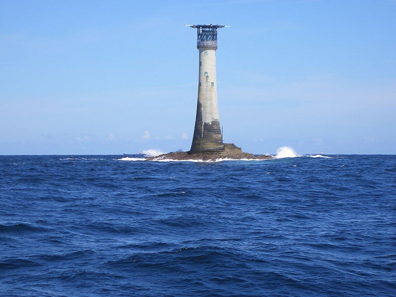 Wolf Rock Lighthouse, Land’s End, William Douglass, resident engineer, recent phonograph; the helipad on top is a later addition (Wikimedia commons)