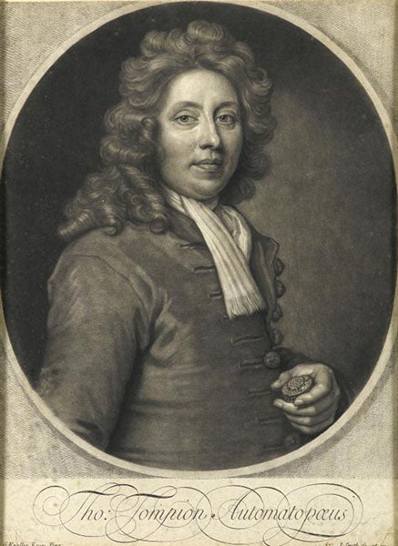 Portrait of Thomas Tompion, mezzotint after painting by Godfrey Kneller (Wikimedia commons)