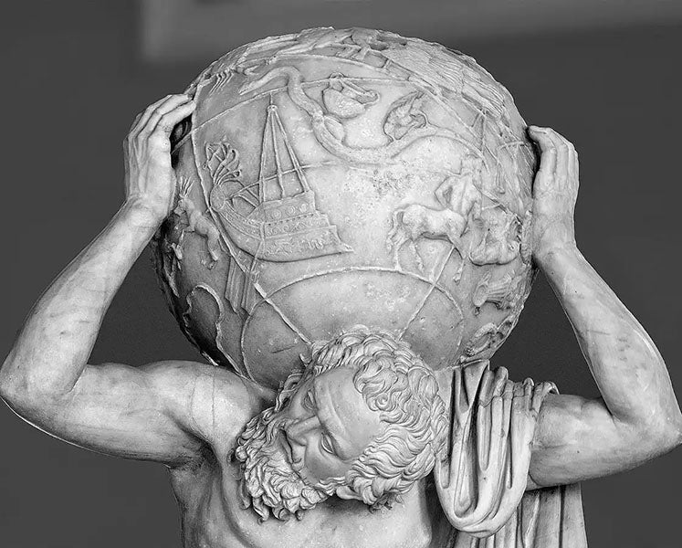 Close up of just the globe of the Farnese Atlas, Museo Archeologico Nazionale, Naples (ianridpath.com)
