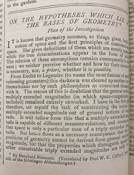 First paragraph, “On the hypotheses which lie at the bases of geometry,” by Bernard Riemann, trans. by William Kingdon Clifford, Nature, May 1, 1873, vol. 8, p. 14 (Linda Hall LIbrary)