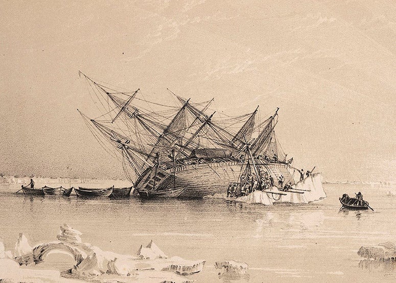 “Situation of H.M.S. Terror on the 14th July, 1837,” detail of a lithograph based on a drawing by William Smyth, in Narrative of an Expedition in H.M.S. Terror … in the years 1836-7, by George Back, 1838 (Linda Hall Library)