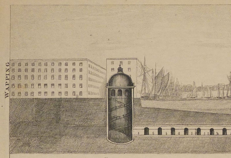 Detail of the long folding cross section engraving from the 1856 ed., showing how the location of the Wapping carriage caisson has been burnished out of the copper plate, An Explanation of the Works of the Thames Tunnel now completed from Rotherhithe to Wapping, 18th ed., by the Thames Tunnel Co., 1856 (Linda Hall Library)