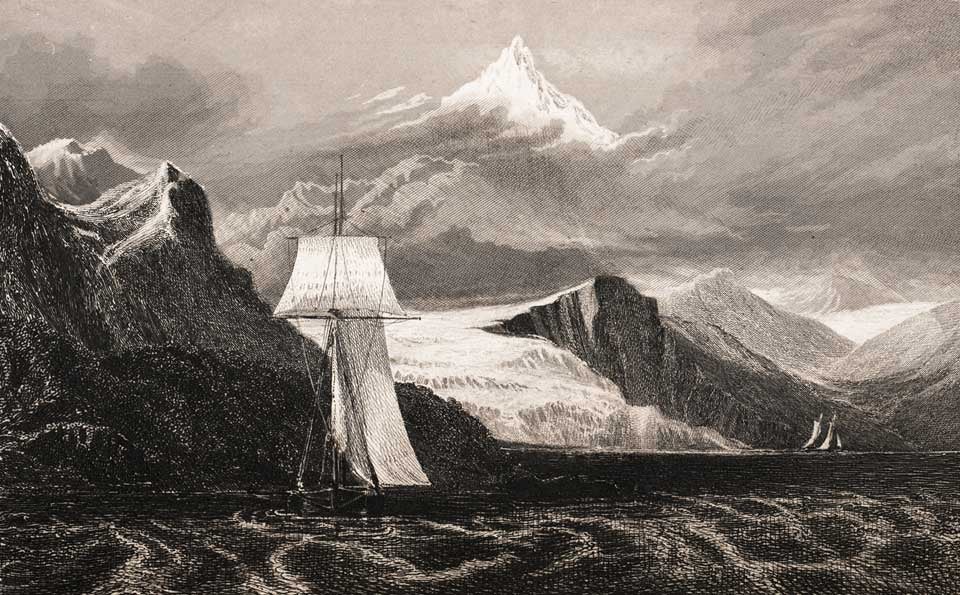 HMS Beagle in Tierra del Fuego, with Mt. Sarmiento in the background. Image source: Fitzroy, Robert. Narrative of the Surveying Voyages of His Majesty’s Ships Adventure and Beagle. Vol. 2, London: Henry Colburn, 1839, p. 359.
