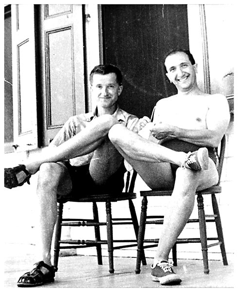 Salvador Luria (in bathing suit) and Max Delbrück at Cold Spring Harbor, 1953 (Wikimedia Commons)
