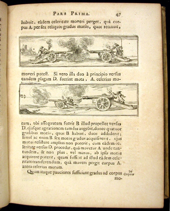Cannon fusillade, demonstrating Descartes’ rules of impact, two text engravings in Wolferd Senguerd, Philosophia naturalis, 1685 (Linda Hall Library)
