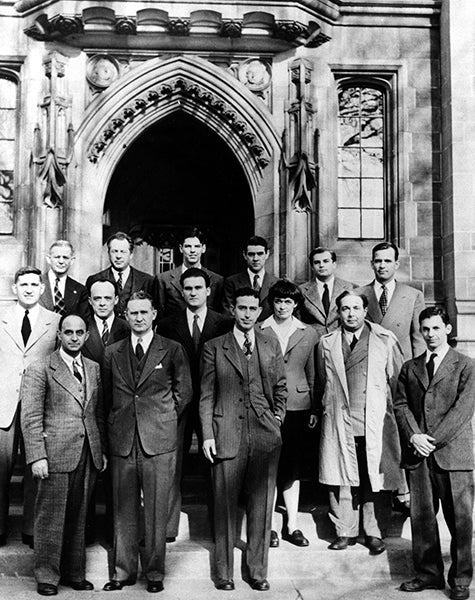 The participants in building Chicago Pile-1 at the University of Chicago, photographed in 1946.  Woods is the only woman present; Enrico Fermi is at front left (atomicheritage.org)