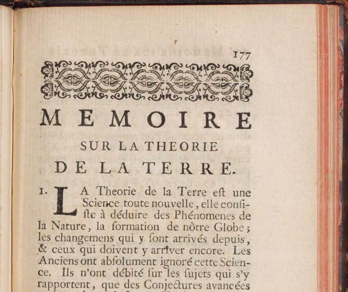 Opening paragraph of Mémoire sur la théorie de la terre, by Louis Bourguet, in Lettres philosophiques, p. 177, 1729 (Linda Hall Library)
