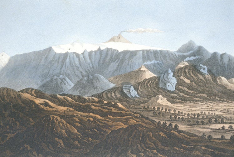 View of the Valle del Bove, on the East side of the great cone of Mount Etna. Image source: Lyell, Charles Sir. Principles of Geology. Vol. 2, London: J. Murray, 1830, frontispiece.