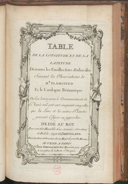 Engraved title page, Table de toutes les etoilles fixes zodiacales, in Nouveau zodiaque, réduit à l'année 1755, by Pierre-Charles Le Monnier, 1755; this is not the title page of the volume, which is type-set, but the separate title page to the catalog (Linda Hall Library)