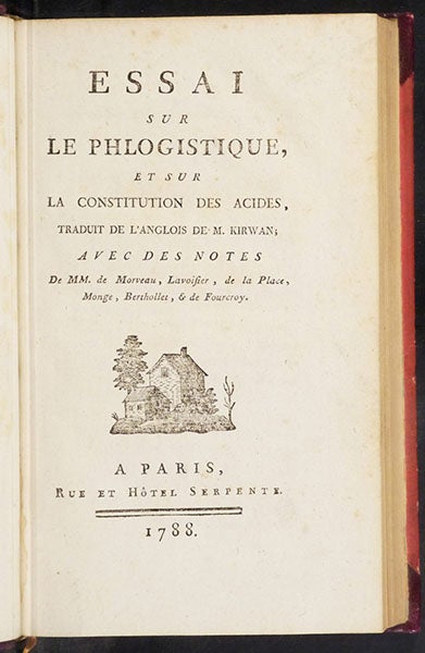 Title page, Essai sur le phlogistique, et sur la constitution des acides, by Richard Kirwan, [trans. by Madame Lavoisier], 1788 (Linda Hall Library)