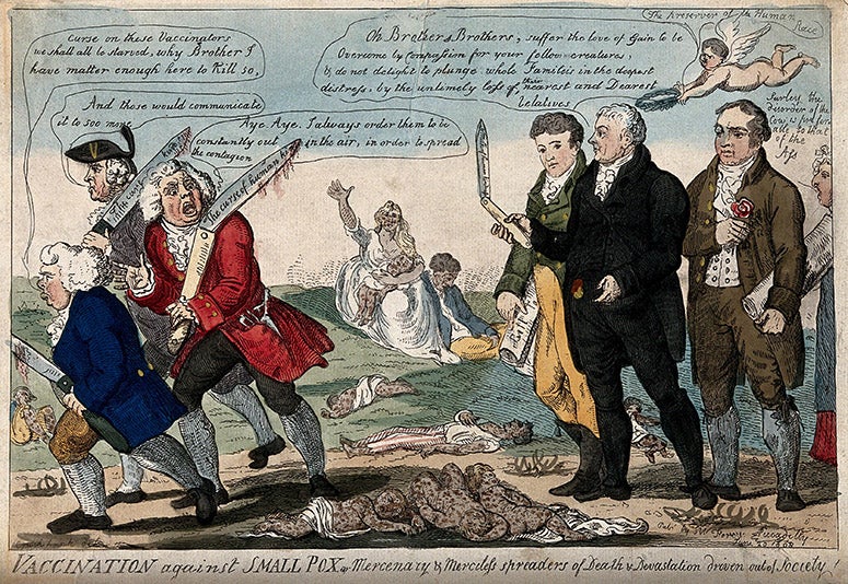 Untitled caricature by Isaac Cruikshank, hand-colored etching, 1808, lampooning three anti-vaccination surgeons and praising “Edward Jenner and two colleagues,” traditionally considered to be Thomas Dimsdale and George Rose, although none of these are identified in the caricature itself; Wellcome Collection (wellcomecollecton.org)