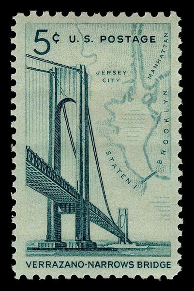 U.S. Postage Stamp, commemorating the Verrazzano-Narrows Bridge, issued to coincide with the bridge opening, Nov. 21, 1964; note that “Verrazzano” was misspelled, as always was until 2018; National Postal Museum (postalmuseum.si.edu).