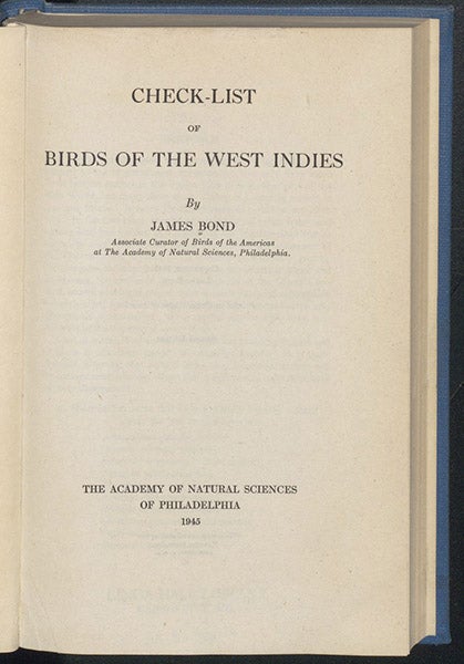 Title page, Check-list of Birds of the West Indies, by James Bond, 1945 (Linda Hall Library)