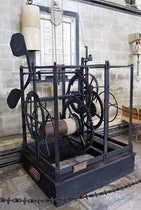 The Salisbury Cathedral Clock, originally installed in 1386, now in the north aisle of the cathedral, Wiltshire, England, recent photograph (Wikimedia commons)
