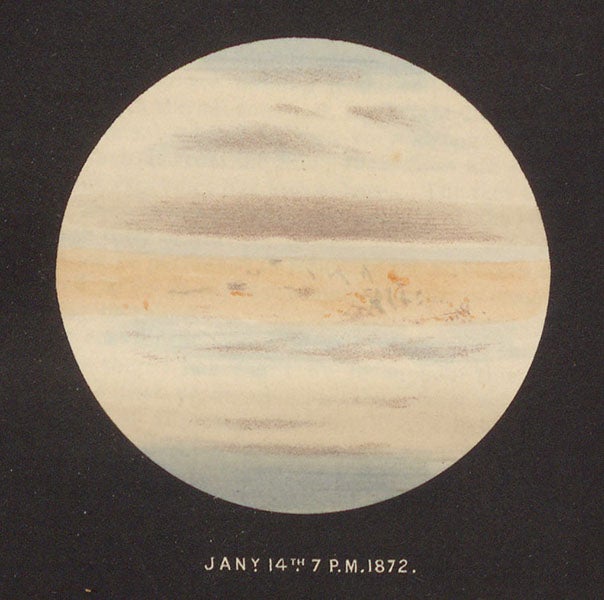 Jupiter, as seen on Jan. 14, 1872, drawn by John Browning, detail of lithographed plate in <i>Monthly Notices of the Royal Astronomical Society</i>, vol. 32, 1871-72 (Linda Hall Library)