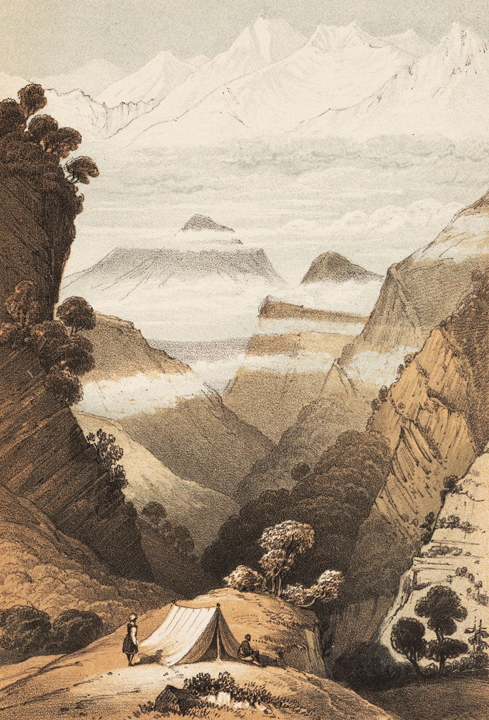 Campsite in the Himalayas. Image source: Hooker, Joseph Dalton. Himalayan Journals. Vol. 2, London: J. Murray, 1854, pl. 6. 