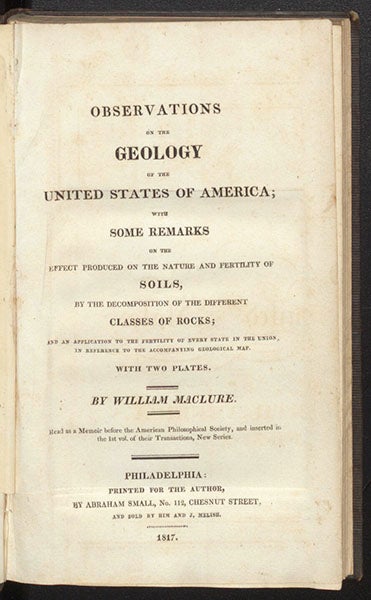 Title page of Observations on the Geology of the United States of America, by William Maclure, 1817 (Linda Hall Library)