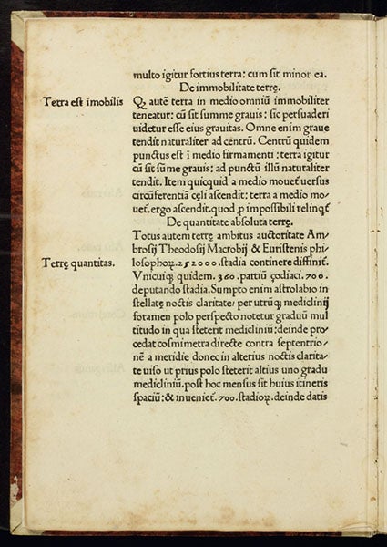 Discussion of the size of the earth (252,000 stadia), Johannes de Sacrobosco, Spera mundi, printed by Franz Renner, 1478 (Linda Hall Library)
