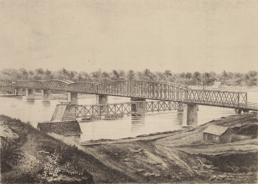 A view from the southwest of the Kansas City Bridge across the Missouri River. Image source: Chanute, Octave and George Morison. The Kansas City Bridge, With an Account of the Regimen of the Missouri River, and a Description of Methods Used for Founding in That River. New York: D. Van Nostrand, 1870, frontispiece. 