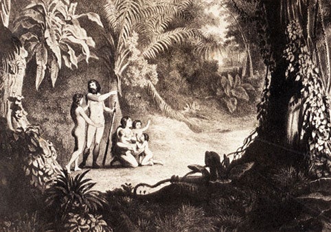 Detail of Adam, Eve, and their descendants. Image source: Unger, Franz. Ideal Views of the Primitive World. London: Taylor and Francis, 1861, pl. 14.
