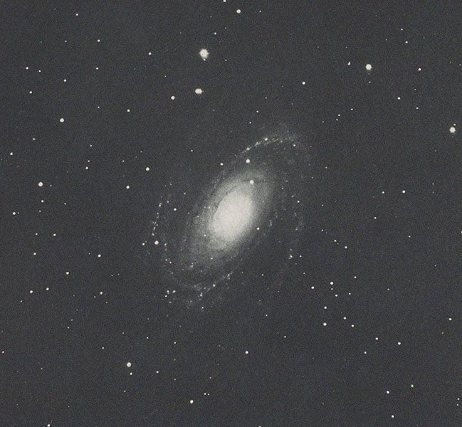 M81 spiral nebula in Ursa Major, photograph by James Keeler, cropped to plate borders, heliogravure in Photographs of Nebulae and Clusters Made with the Crossley Reflector, by James Keeler, Lick Observatory, plate 21, 1908 (Linda Hall Library)