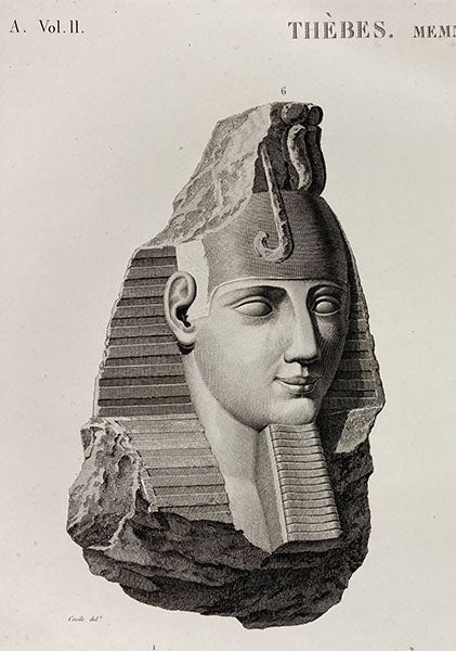 Colossal head of Ozymandias (Ramesses II) found at the Memnonium at Thebes, engraving after drawing by André Dutertre, Description de l’Égypte, Antiquités, vol. 2, plate 32, 1812 (Linda Hall Library)