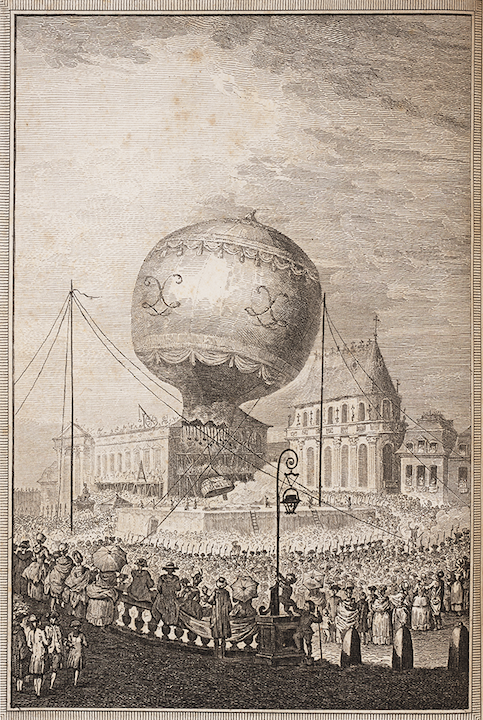 Illustration of the first balloon flight on September 19, 1783. The balloon stood 57 feet tall and was 41 feet in diameter. Faujas-de-St.- Fond, Barthélemy. Description des expériences de la machine aérostatique de MM. de Montgolfier. Vol. 1. Paris: Cuchet, 1783.
View Score.