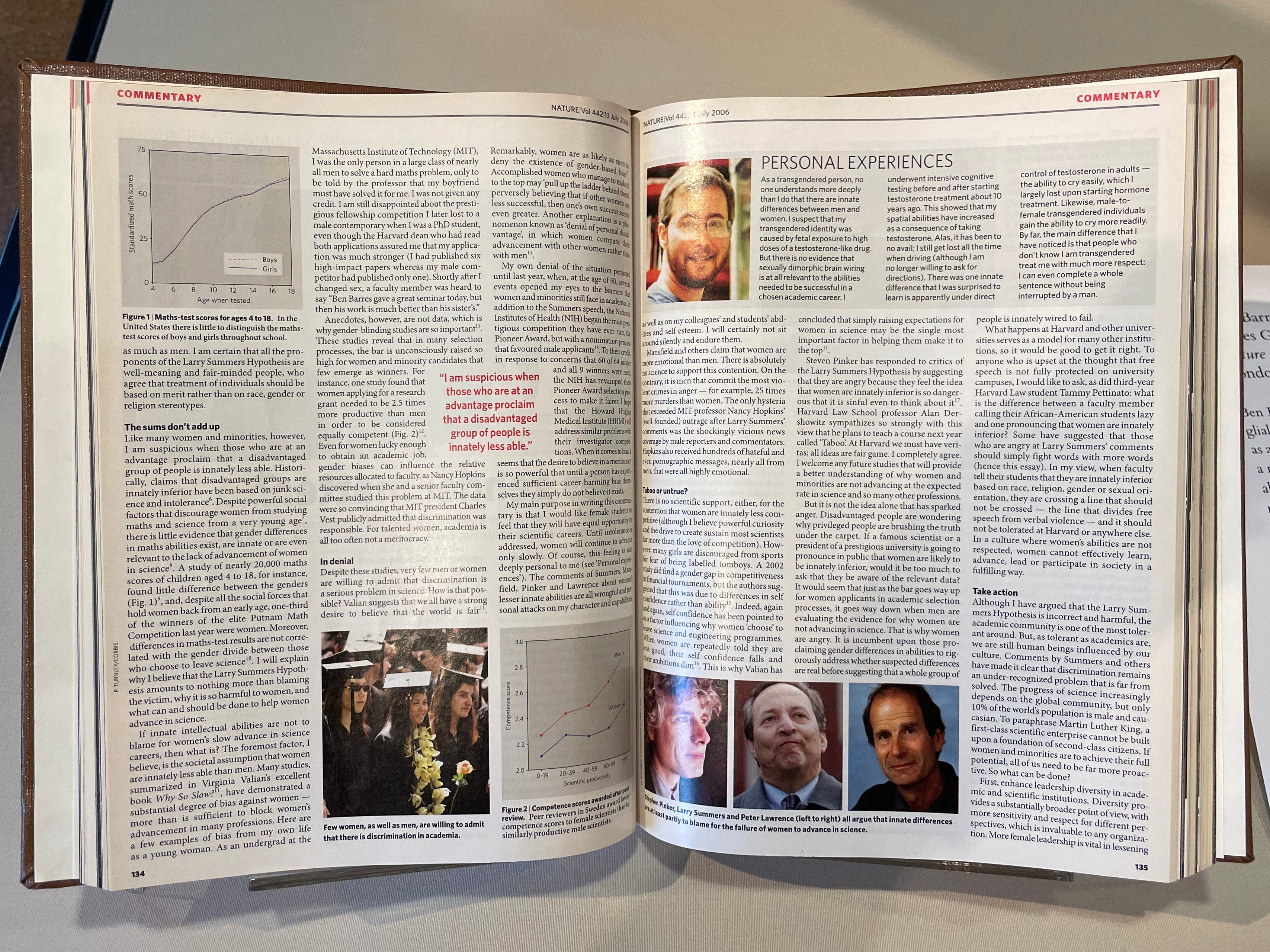 Photo of magazine with article by Ben Barres, “Does Gender Matter,” Nature. London, 2006.