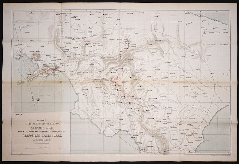 “Seismic map with wave-paths and isoseismal curves,” folded into front pocket of vol. 2, Robert Mallet, Great Neapolitan Earthquake of 1857, 1862 (Linda Hall Library)