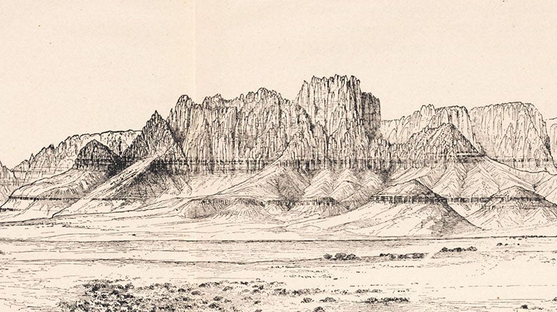 Detail of “Towers of Short Creek – Vermilion Cliffs” (sixth image), William Henry Holmes, Tertiary History of the Grand Cañon District, by Clarence E. Dutton (USGS Monograph, 2), p. 54, 1882, copy 2 (Linda Hall Library)