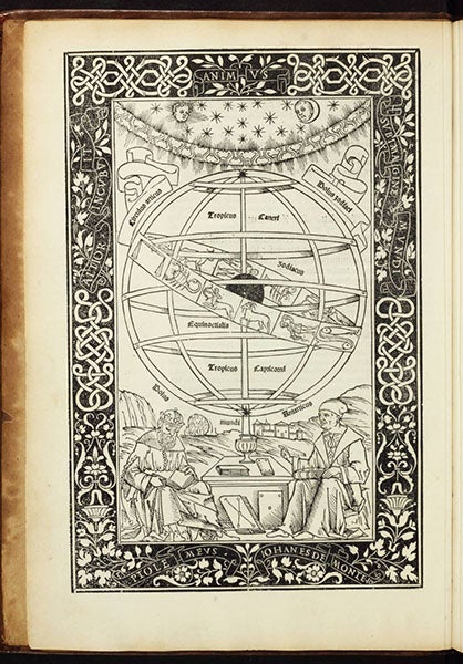 Woodcut frontispiece to Epytoma Joanis De mote regio in almagestu Ptolomei, 1496, with Ptolemy at bottom left (Linda Hall Library)