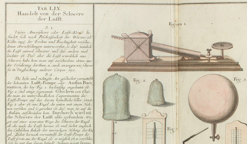 An air pump (vacuum pump), with several bell jars and evacuated glass vessels, detail of an engraving in Mathematischer Atlas, by Tobias Mayer, plate 59, 1745 (Linda Hall Library)