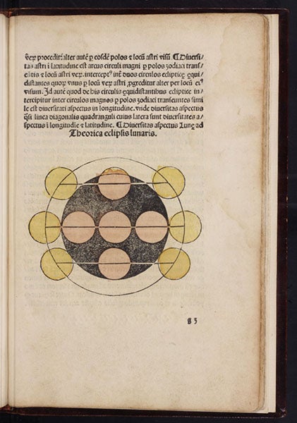 Lunar eclipse diagram, hand-colored woodcut, Sphaera mundi, by Johannes de Sacobosco, 1482 (Linda Hall Library)