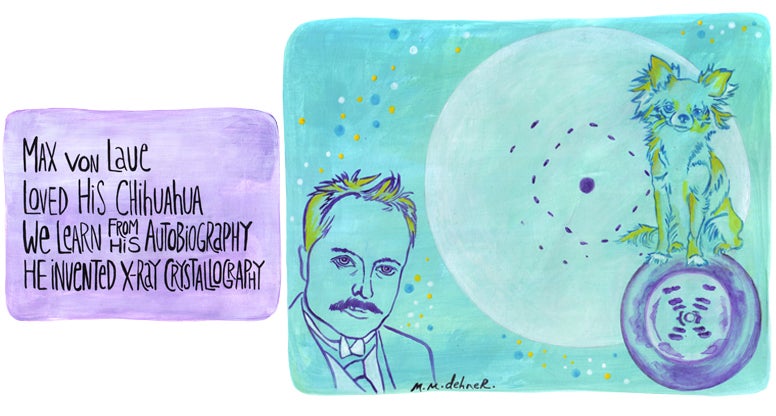 Max von Laue, clerihew by the author, calligraphy and gouache drawing by Melissa Dehner (©Melissa Dehner)