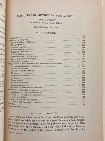 “Evolution in Mendelian populations,” by Sewall Wright, first page, Genetics, vol. 16, 1931 (Linda Hall Library)