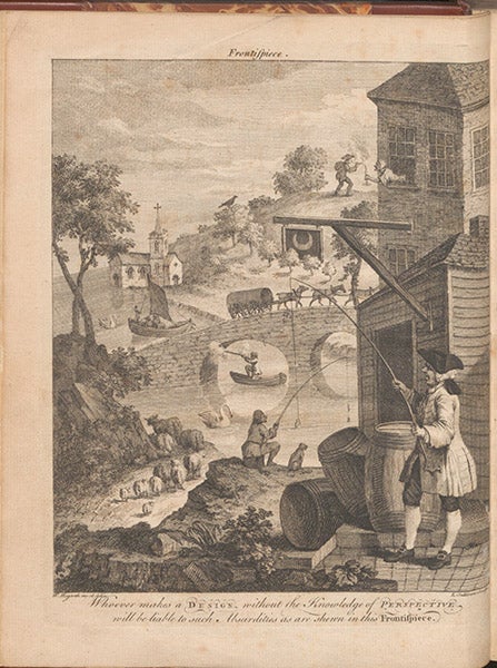  “False perspective,” by William Hogarth, engraved frontispiece, Dr. Brook Taylor's Method of Perspective Made Easy, by Joshua Kirby, 2nd ed., 1755 (Linda Hall Library)
