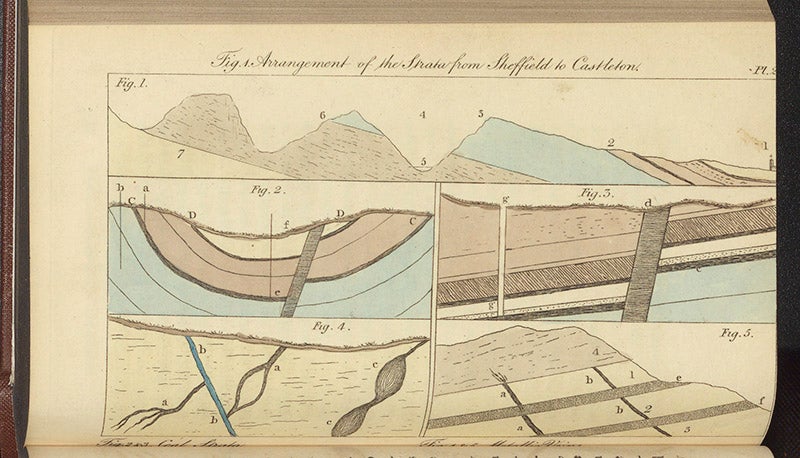 Five geological sections, hand-colored engraving,  Robert Bakewell, An Introduction to Geology, 2nd ed., 1815 (Linda Hall Library)