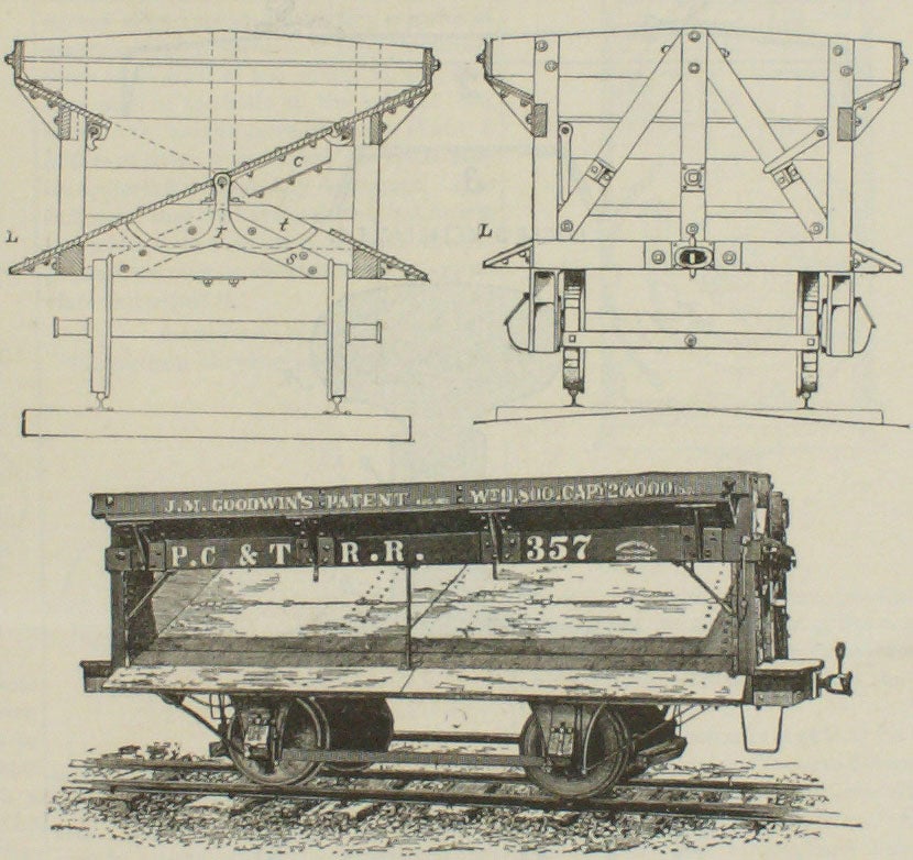 Dump cars were fitted with various contrivances to tilt sideways to deposit loads, such as gravel or soil, along the line.