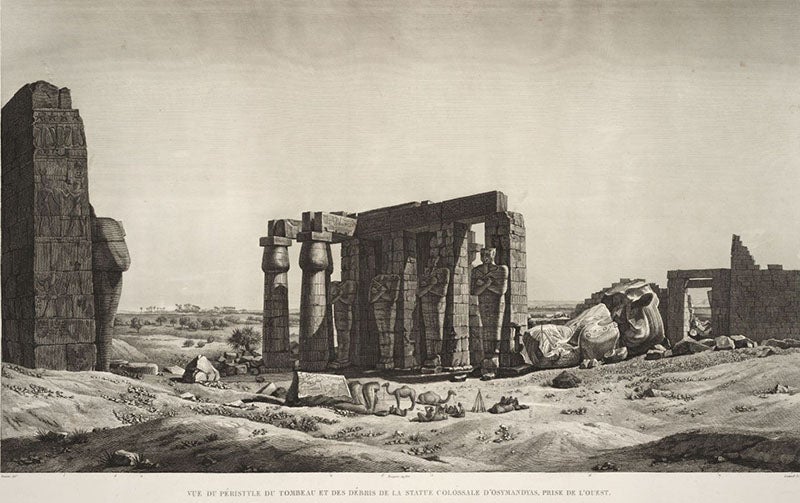 View of fallen colossus of “Ozymandias” at the Memnonium at Thebes, after drawing by André Dutertre, Description de l’Égypte, Antiquités, vol. 2, plate 25, 1812 (Linda Hall Library)