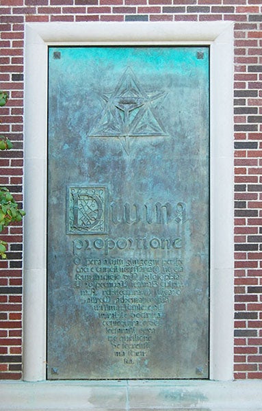 Bronze panel no. 1, based on the title page, Divina proportione, by Luca Pacioli, 1509, with one of Leonardo da Vinci's woodcut polyhedrons added at top; cast by Bruno Bearzi, 1965, north exterior annex wall, Linda Hall Library