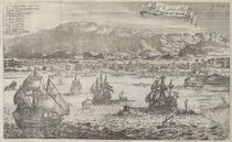 Bandar Abbas, port city, Strait of Hormuz, Persian Gulf, folding etching in Amoenitatem exoticarum, by Engelbert Kaempfer, p. 759, 1712 (The Linda Hall)
