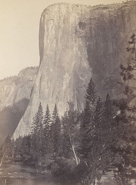 El Capitan, photograph by Carleton E. Watkins, albumen print, cropped, in The Yosemite-Book, by Josiah D. Whitney, 1868 [1869] (Linda Hall Library)