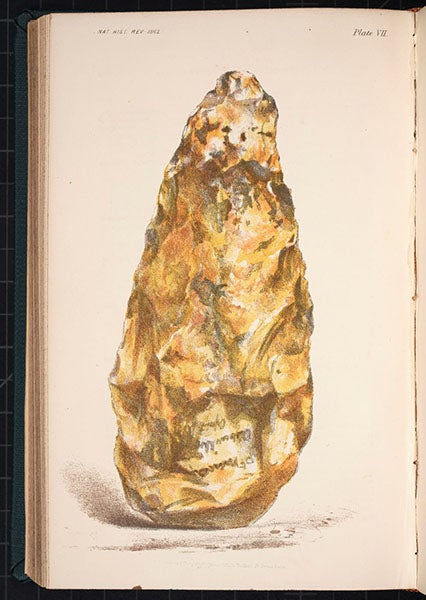 An Abbeville hand axe, given to John Lubbock by Jacques Boucher de Perthes, hand-colored lithograph, Natural History Review, vol. 2, 1862 (Linda Hall Library)