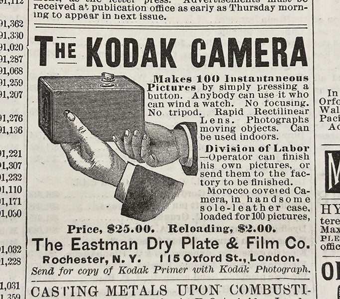 Small advertisement for the new Kodak camera, placed by the Eastman Dry Plate and Film Co. of Rochester, N.Y., in Scientific American, Nov. 3, 1888 (Liinda Hall Library)

