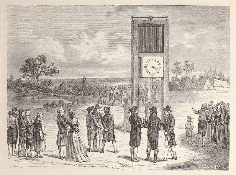 Claude Chappe’s first experiments with optical signaling, from Louis Figuier, Merveilles (1867)