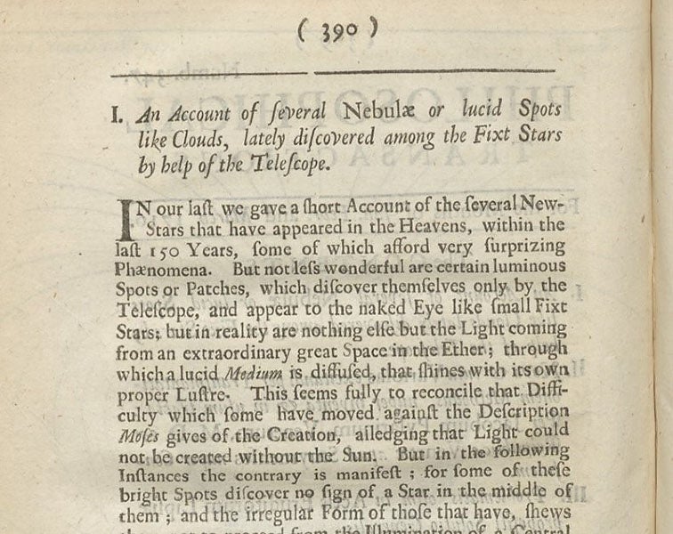 First paragraph of Edmond Halley’s paper on “several Nebulae or lucid Spots like Clouds,” Philosophical Transactions of the Royal Society of London, vol, 29, 1714-16 (Linda Hall Library)